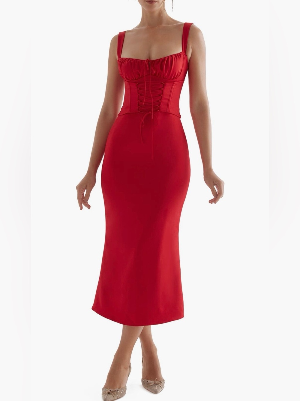 NWT House of CB Valencia Duchess Satin Corset Midi Dress Red Rose XS $269